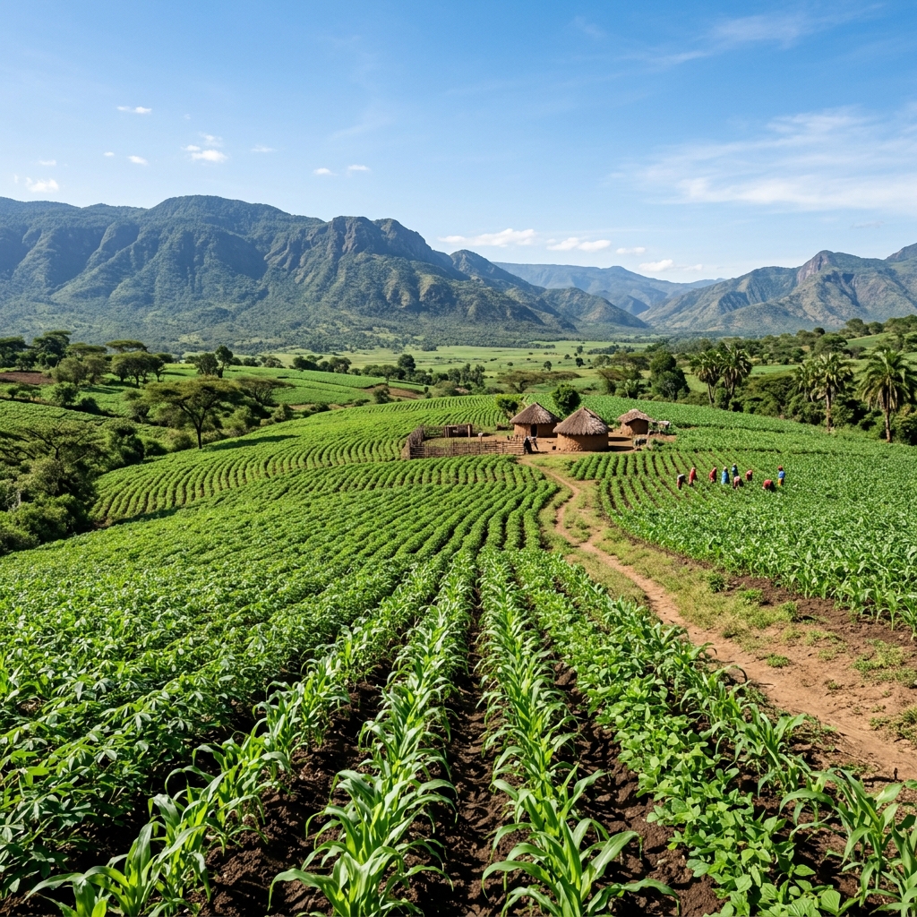 Agricultural drone conducting aerial crop monitoring over an African farm.